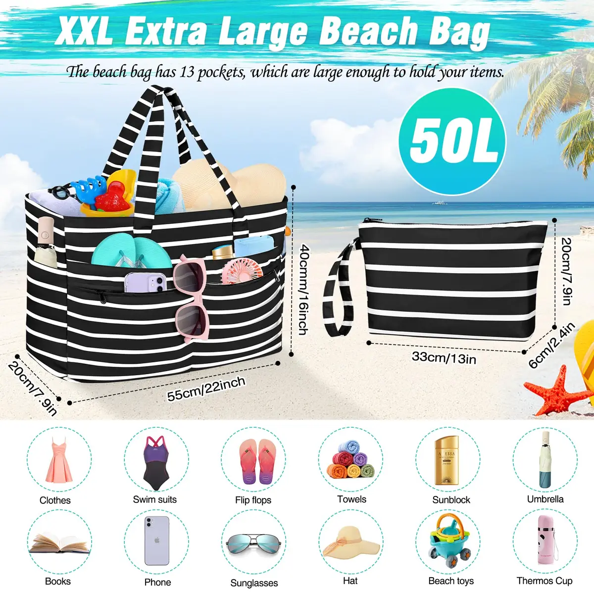 HUANLANG Extra Large Waterproof Beach Bag with Wet Pocket | 50L Capacity, Sandproof & Durable for Family Beach & Travel - view 6