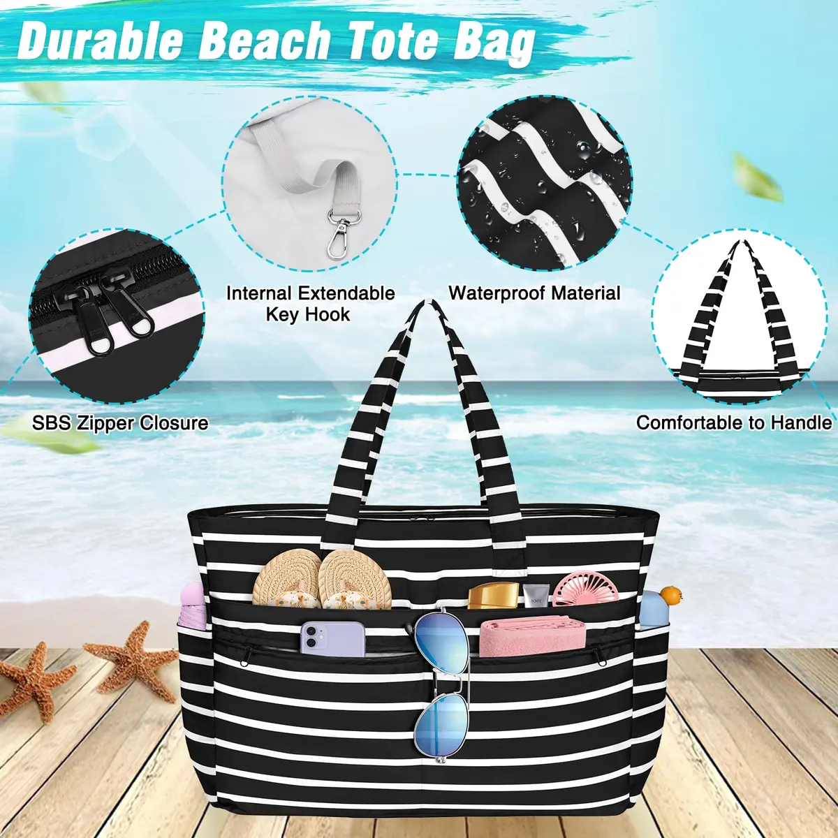 HUANLANG Extra Large Waterproof Beach Bag with Wet Pocket | 50L Capacity, Sandproof & Durable for Family Beach & Travel - view 3