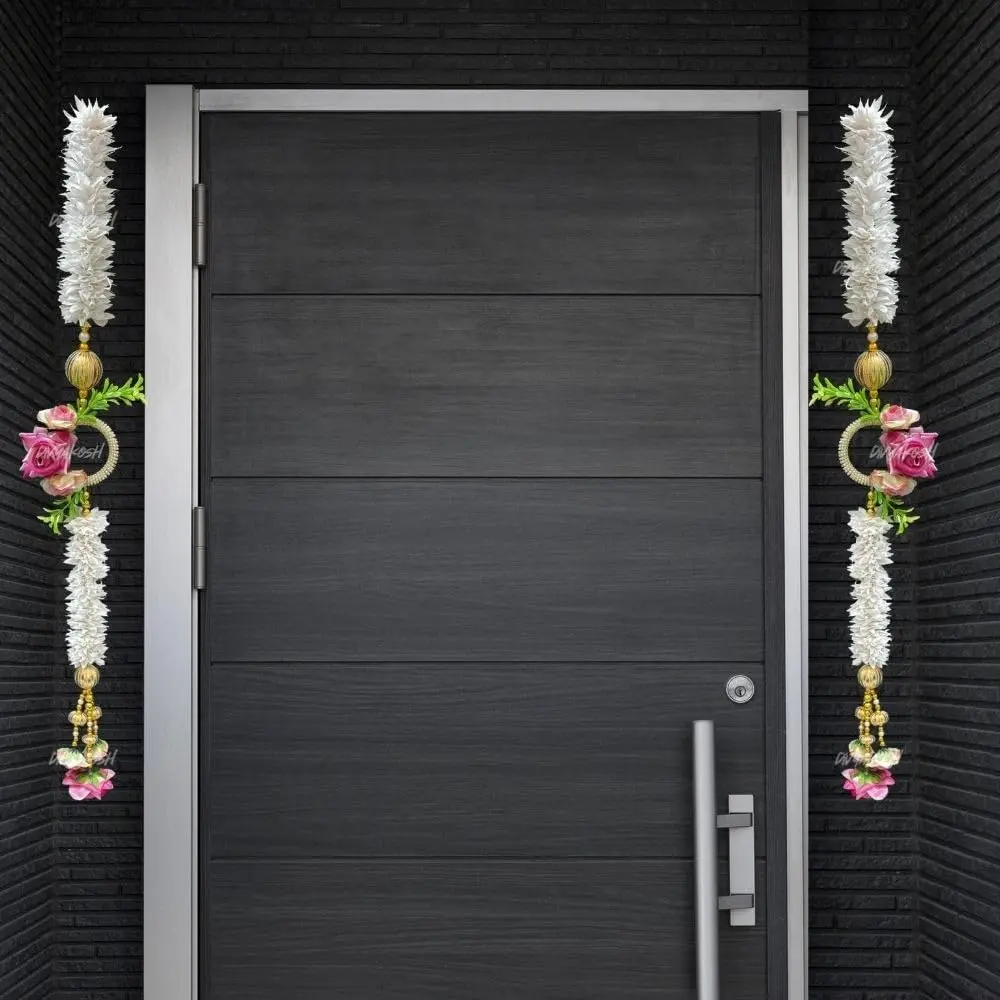 Divyakosh White Gajra Flowers with Pink Rose Side Hanging Garland 71cm (28 Inch) | Pack of 2 Strings for Temple & Door Decor - main product image