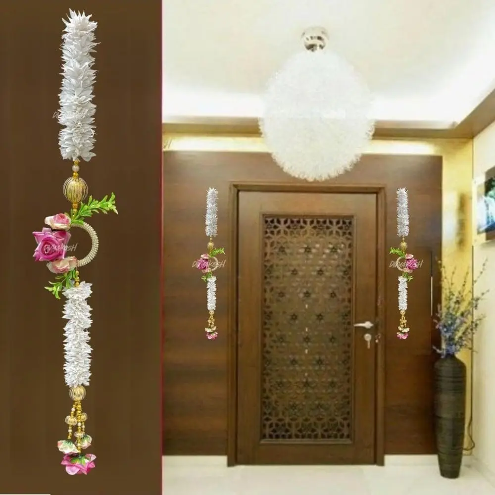 Divyakosh White Gajra Flowers with Pink Rose Side Hanging Garland 71cm (28 Inch) | Pack of 2 Strings for Temple & Door Decor - view 2