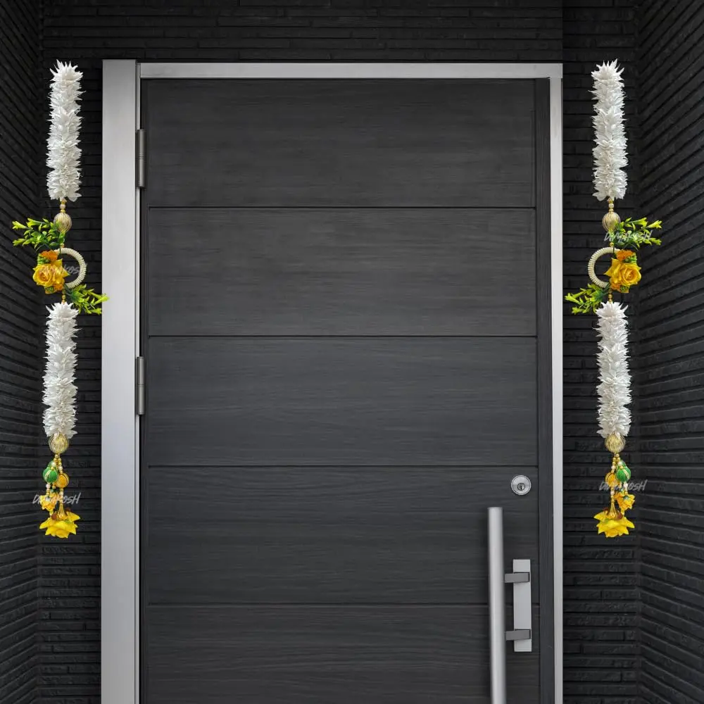 Divyakosh White Gajra & Yellow Rose Flower Strings Side Hanging 71 cm (28 Inch) Pack of 2 | Artificial Garland for Temple & Door Decor - main product image