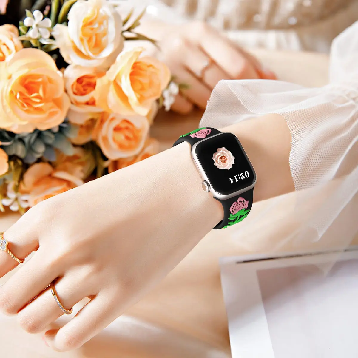 Wepro Floral Silicone Band for Apple Watch 38mm 40mm 41mm 42mm 44mm 45mm 46mm 49mm | Embossed Rose Pattern - view 7