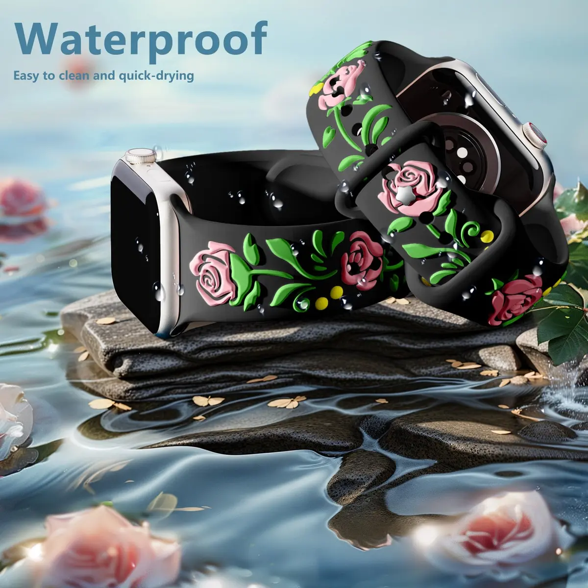 Wepro Floral Silicone Band for Apple Watch 38mm 40mm 41mm 42mm 44mm 45mm 46mm 49mm | Embossed Rose Pattern - view 8