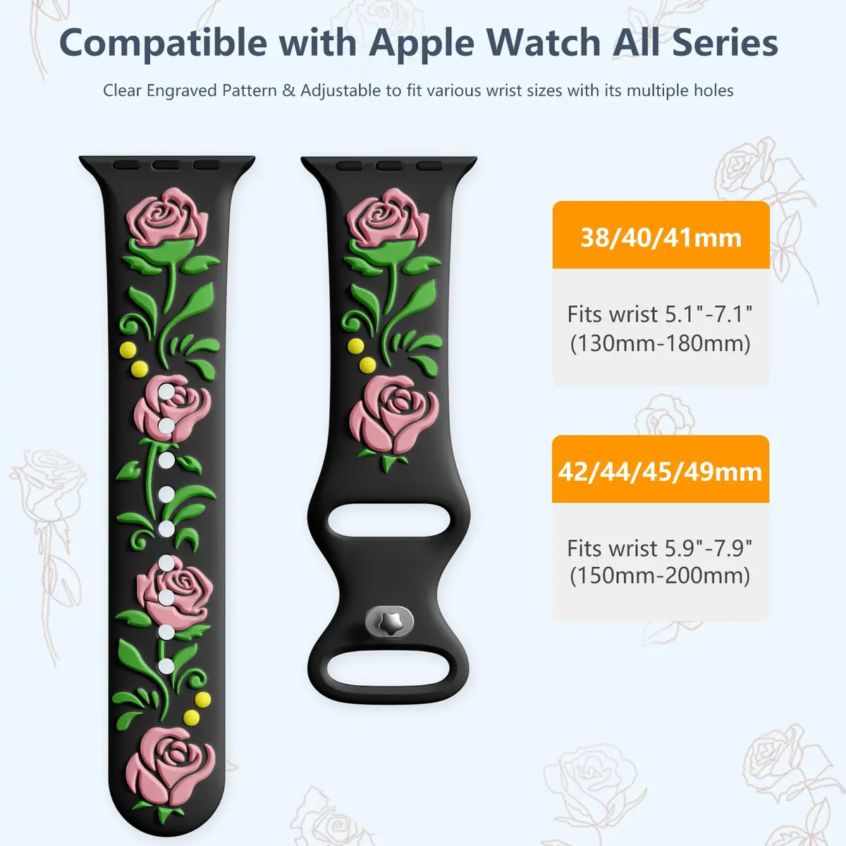 Wepro Floral Silicone Band for Apple Watch 38mm 40mm 41mm 42mm 44mm 45mm 46mm 49mm | Embossed Rose Pattern - view 9