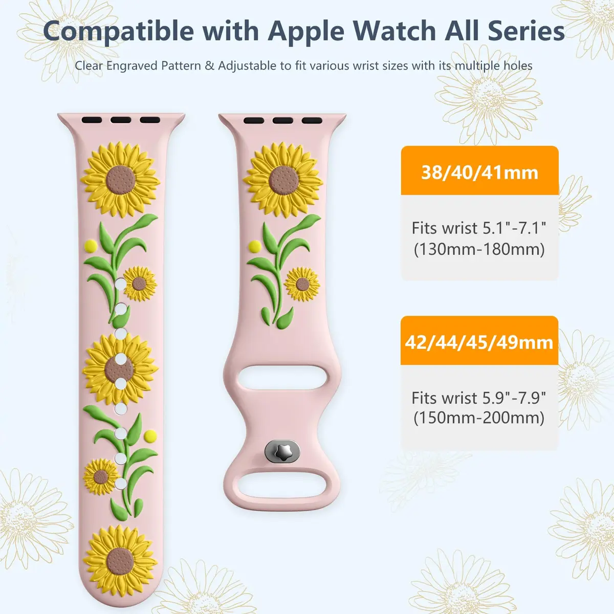Wepro Floral Apple Watch Band for Women 42mm-49mm | Sunflower Embossed Silicone, Breathable & Dressy (70-120 chars) - view 9