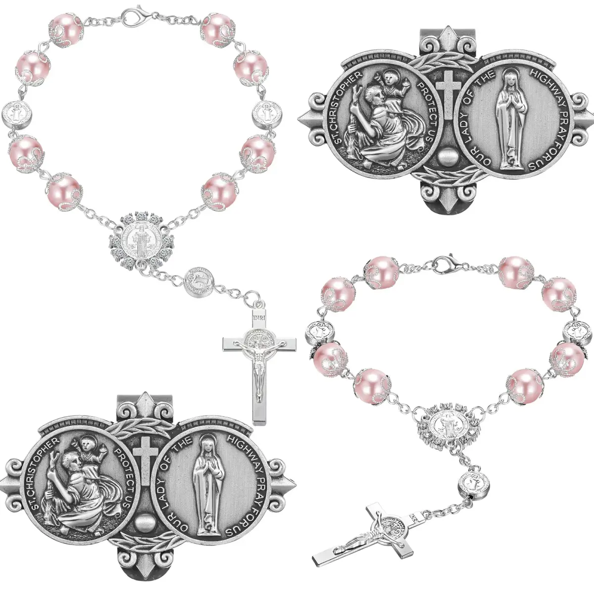 Frienda Pink 4 Pcs Car Rosary Saint Benedict Auto Rosary with St Christopher Visor Clip | Religious Safety Accessory - main product image