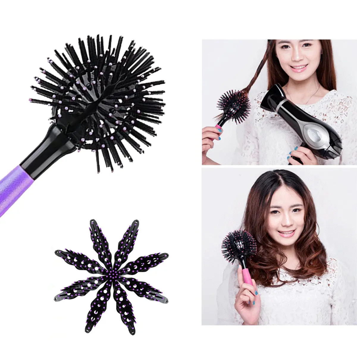 Aaiffey 3D Round Hair Brush for Women - Blow Drying Detangling 360 Degree Styling Brush for Thick Curly Hair - Circle Comb for Wet and Dry Hair (Purple) - view 5