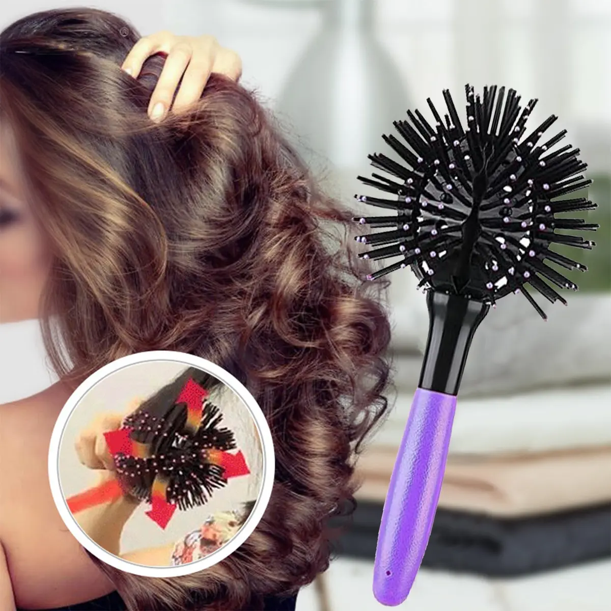 Aaiffey 3D Round Hair Brush for Women - Blow Drying Detangling 360 Degree Styling Brush for Thick Curly Hair - Circle Comb for Wet and Dry Hair (Purple) - view 6