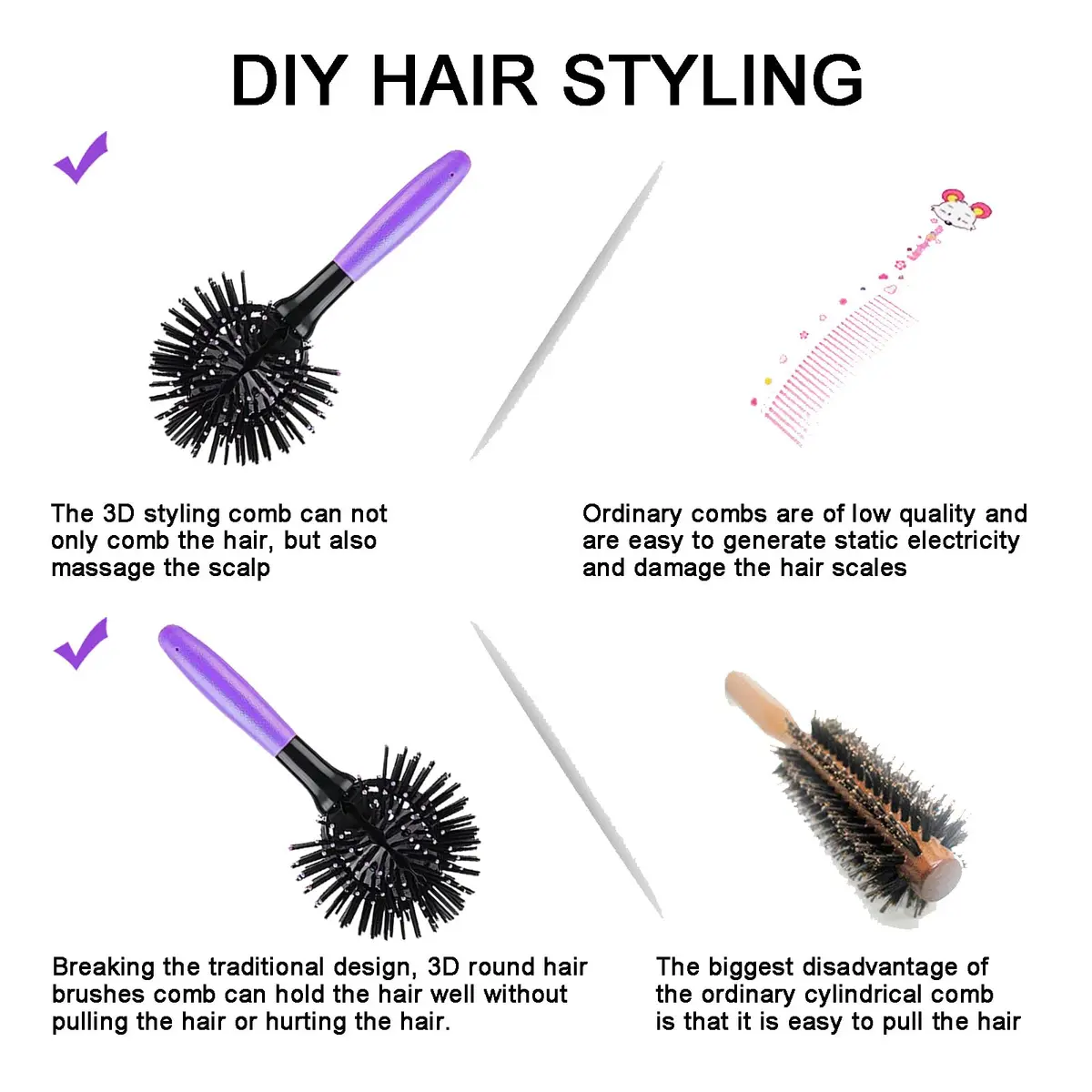 Aaiffey 3D Round Hair Brush for Women - Blow Drying Detangling 360 Degree Styling Brush for Thick Curly Hair - Circle Comb for Wet and Dry Hair (Purple) - view 3