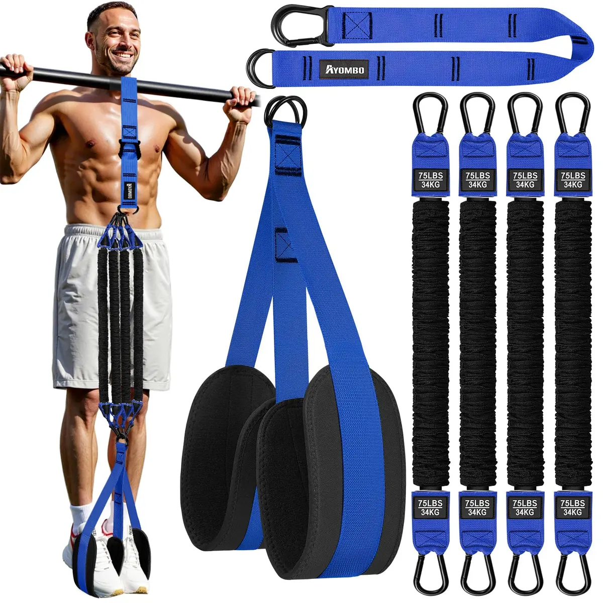Ayombo Heavy Duty Pull Up Assistance Bands Set with Foot Strap, 75lb-300lb Resistance, Blue - main product image