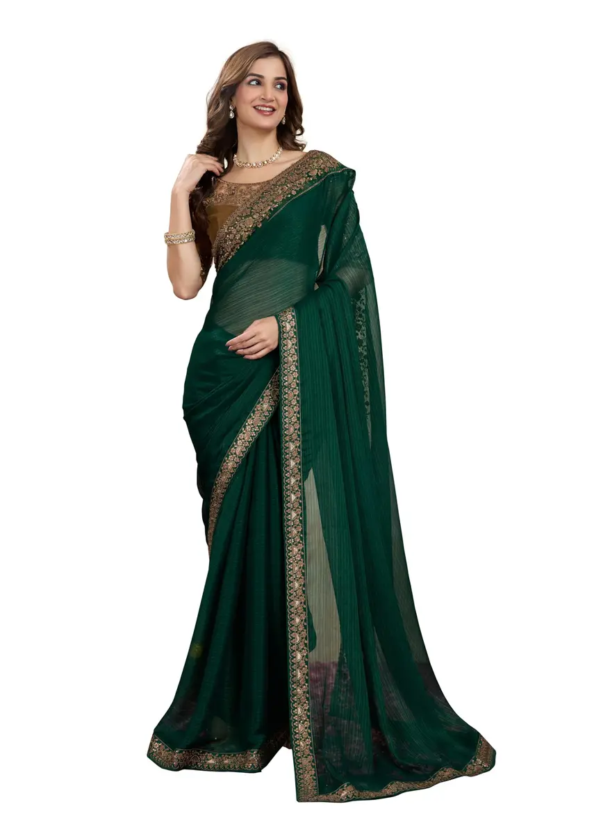 TRENDMALLS Women's Chiffon Satin Sequin Saree with Unstitched Blouse Piece - Green, 5.5m (18 ft) | Festive & Wedding Wear - main product image