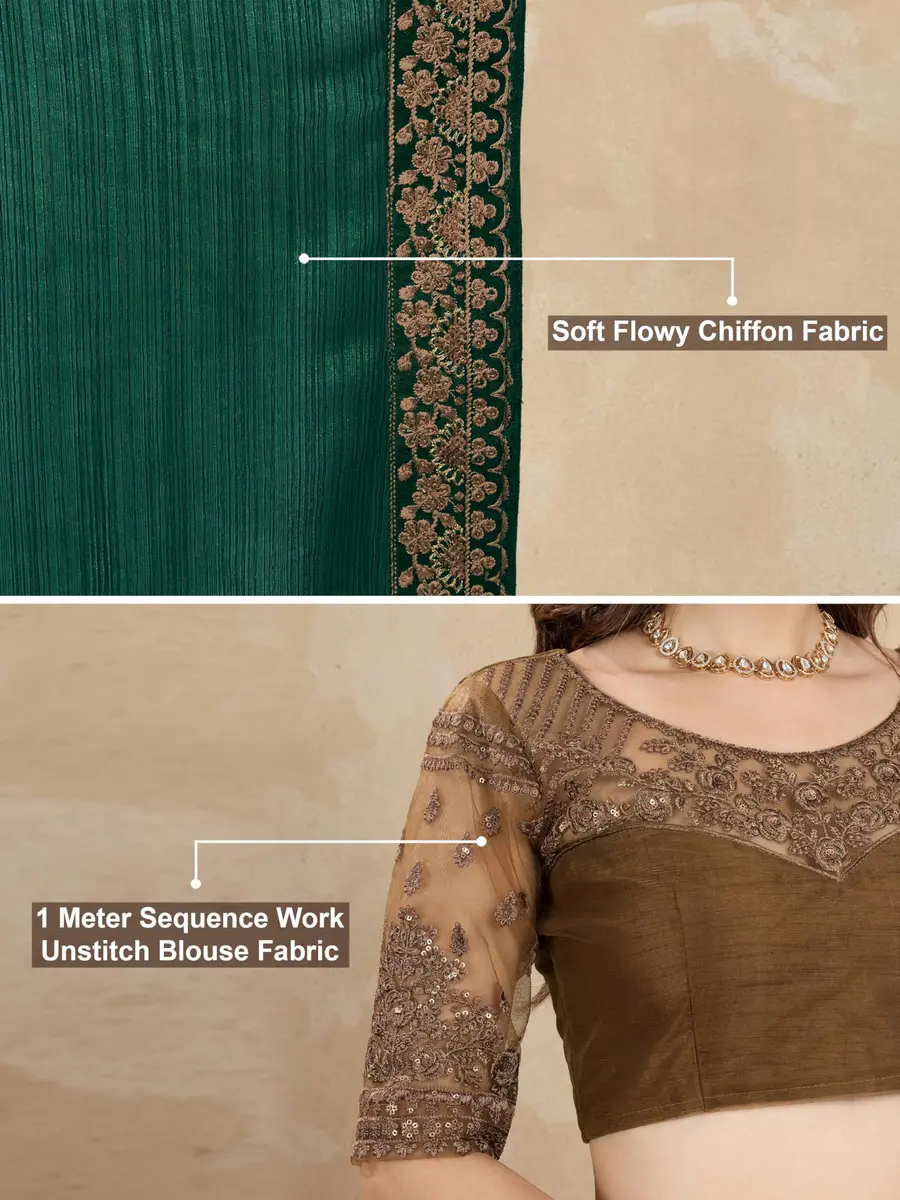 TRENDMALLS Women's Chiffon Satin Sequin Saree with Unstitched Blouse Piece - Green, 5.5m (18 ft) | Festive & Wedding Wear - view 5