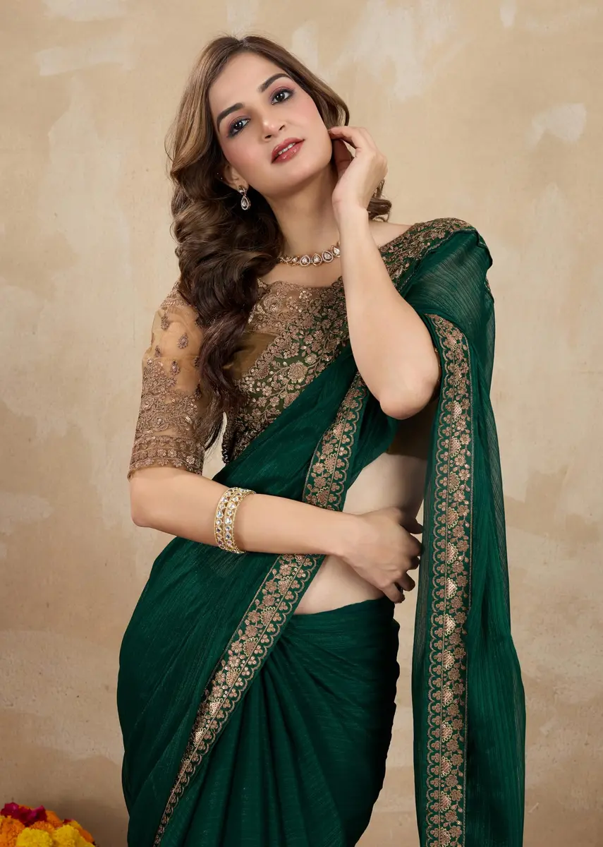 TRENDMALLS Women's Chiffon Satin Sequin Saree with Unstitched Blouse Piece - Green, 5.5m (18 ft) | Festive & Wedding Wear - view 6