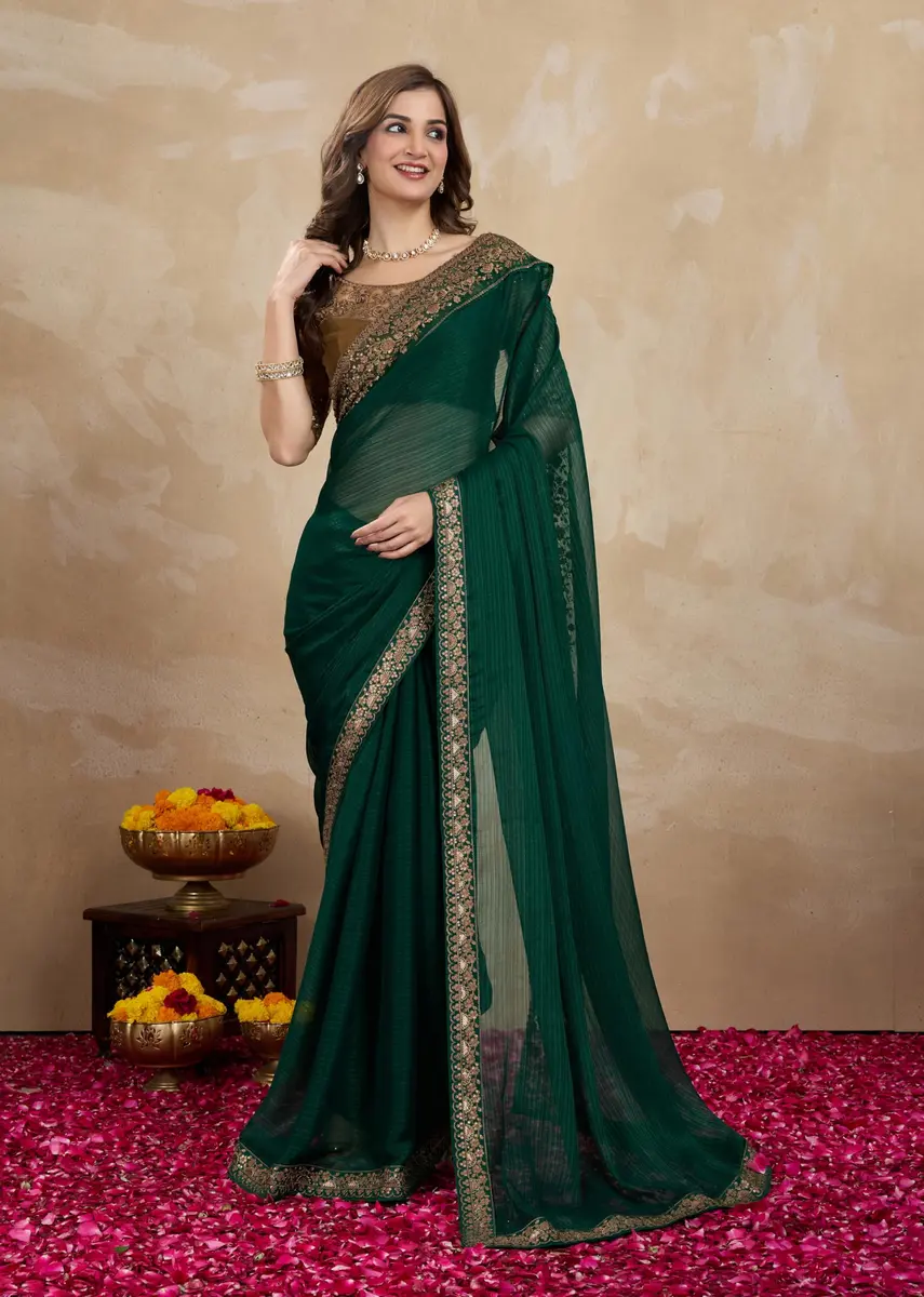 TRENDMALLS Women's Chiffon Satin Sequin Saree with Unstitched Blouse Piece - Green, 5.5m (18 ft) | Festive & Wedding Wear - view 9