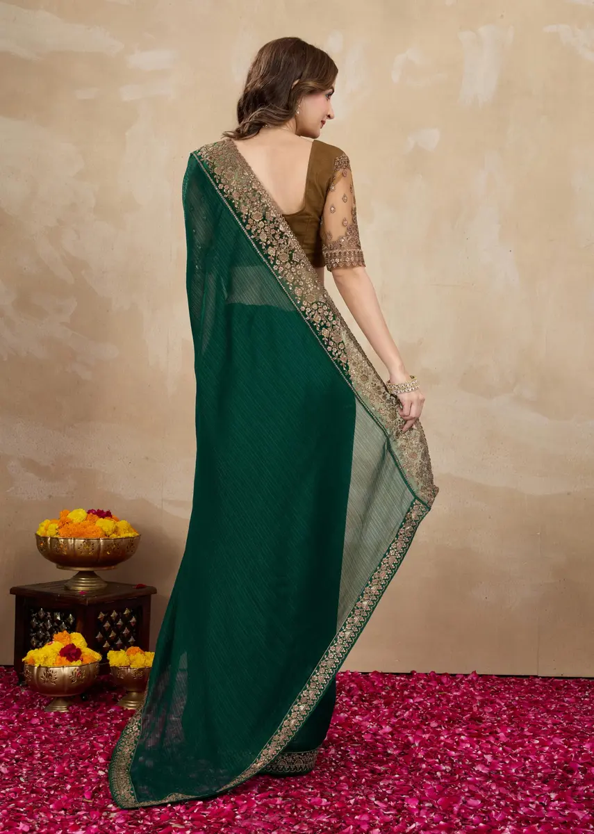 TRENDMALLS Women's Chiffon Satin Sequin Saree with Unstitched Blouse Piece - Green, 5.5m (18 ft) | Festive & Wedding Wear - view 2
