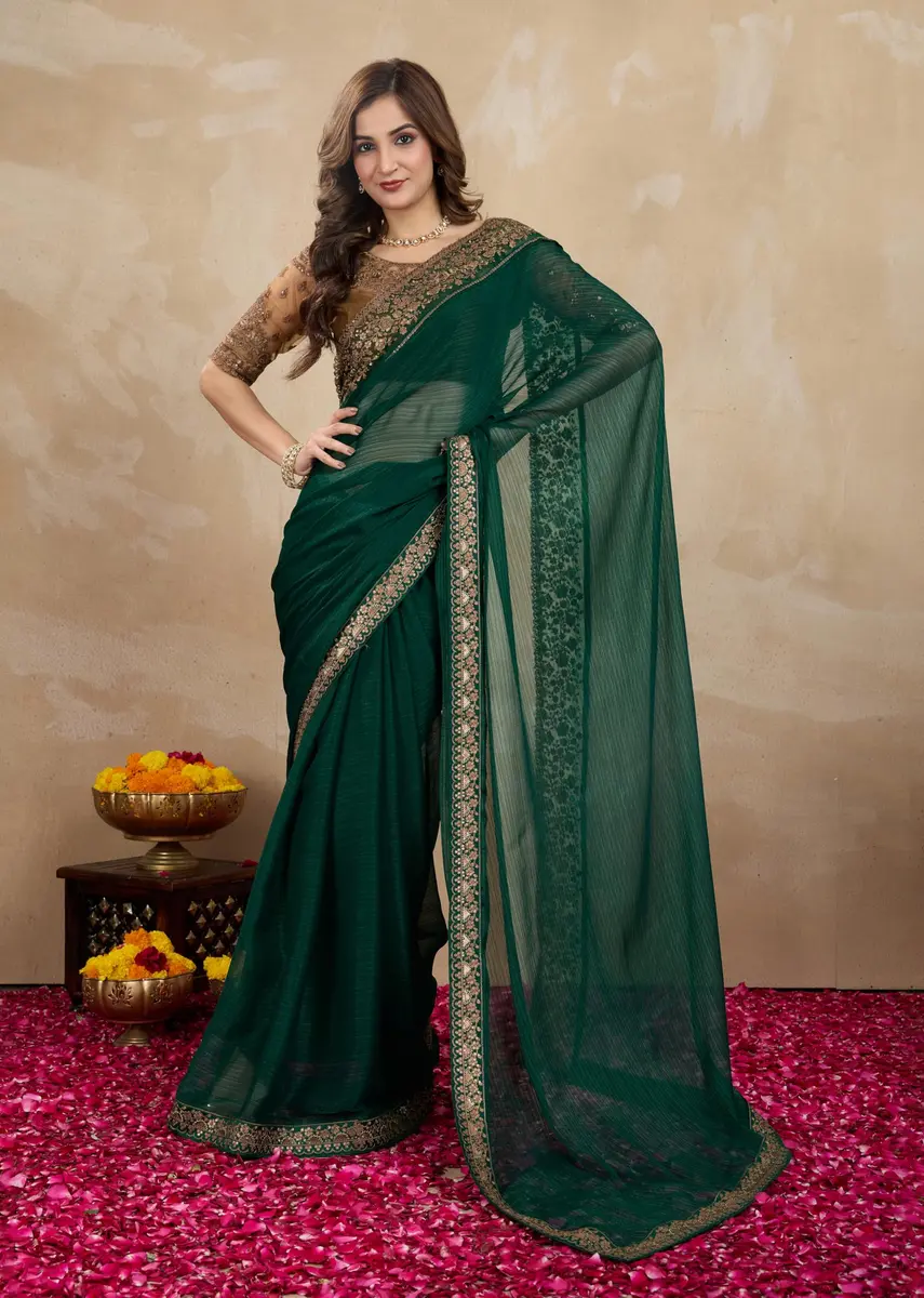 TRENDMALLS Women's Chiffon Satin Sequin Saree with Unstitched Blouse Piece - Green, 5.5m (18 ft) | Festive & Wedding Wear - view 3