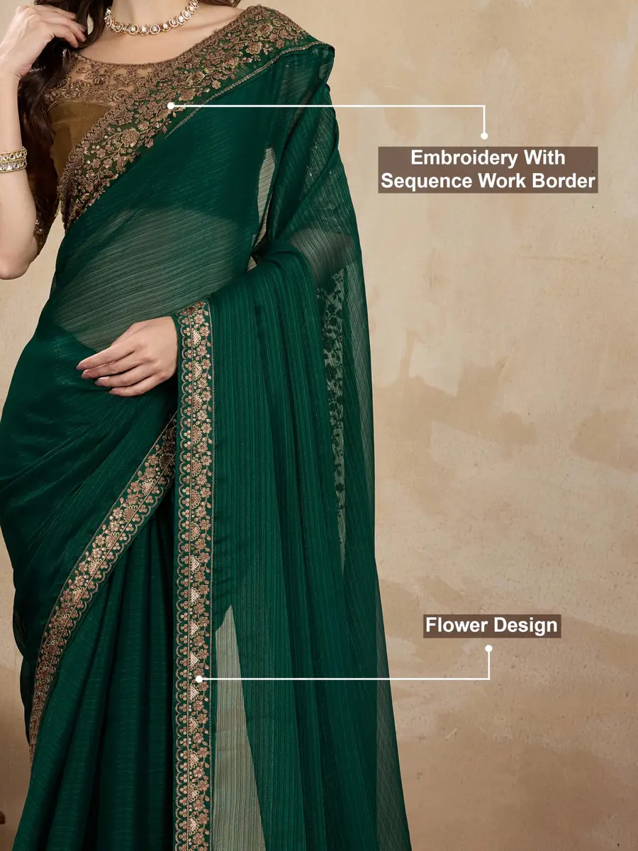 TRENDMALLS Women's Chiffon Satin Sequin Saree with Unstitched Blouse Piece - Green, 5.5m (18 ft) | Festive & Wedding Wear - view 4