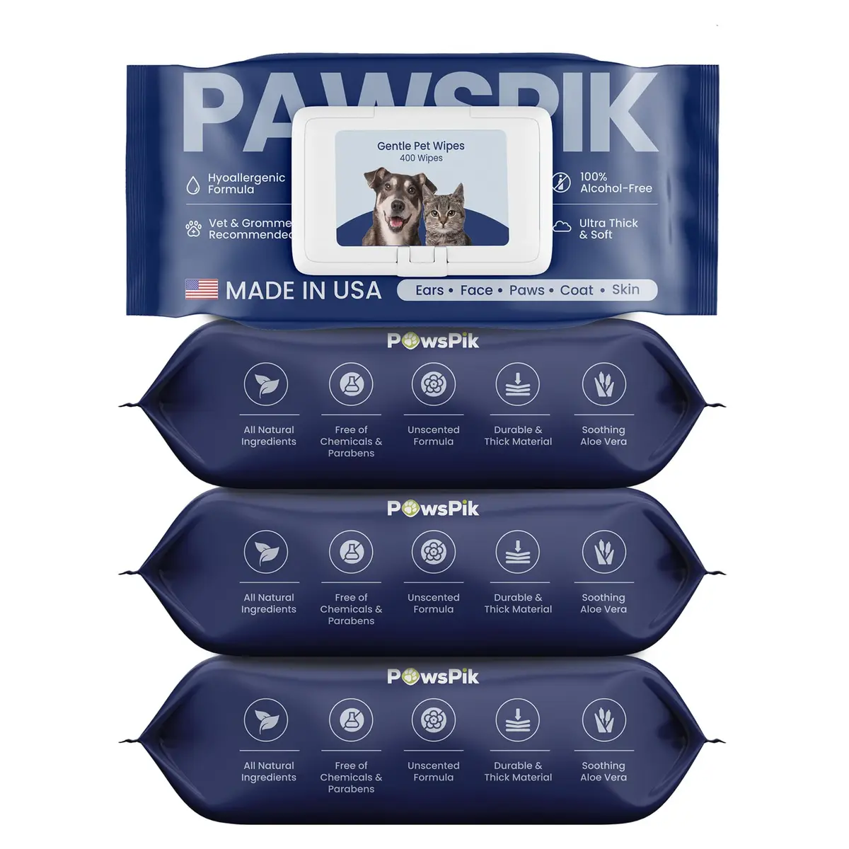 PAWSPIK Premium Pet Wipes for Dogs & Cats, Large 400 Count | Hypoallergenic, Unscented, Made in USA - main product image