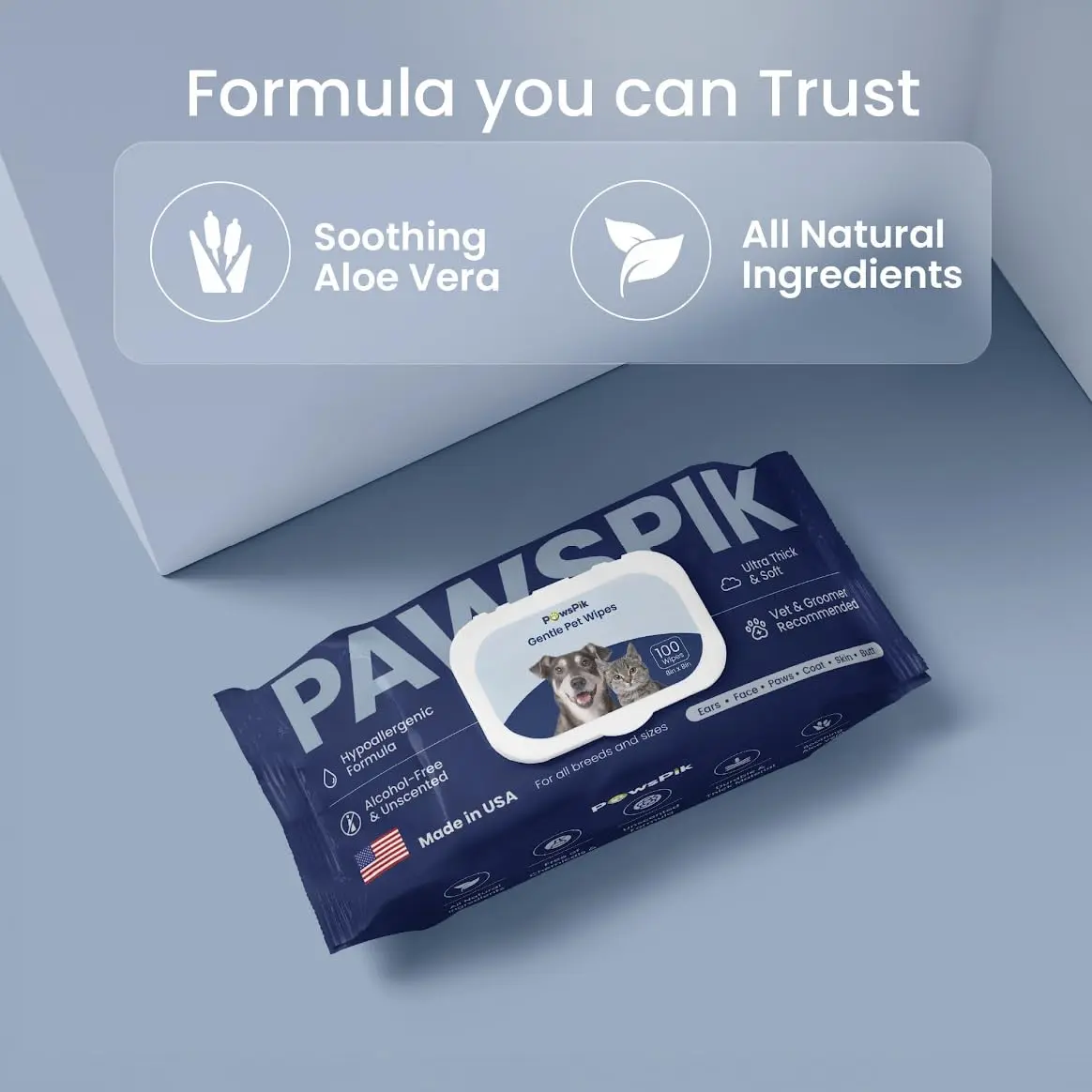 PAWSPIK Made in USA Pet Wipes Large 100 Count | Gentle & Hypoallergenic for Sensitive Skin - view 3