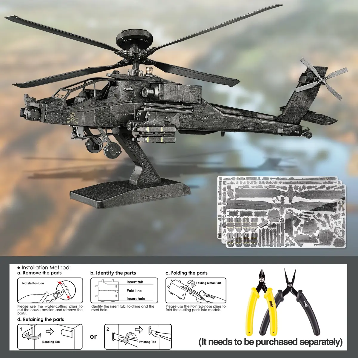 Piececool AH-64 Apache 3D Metal Model Kit 145 Pcs | Educational STEM Building Toy - view 4