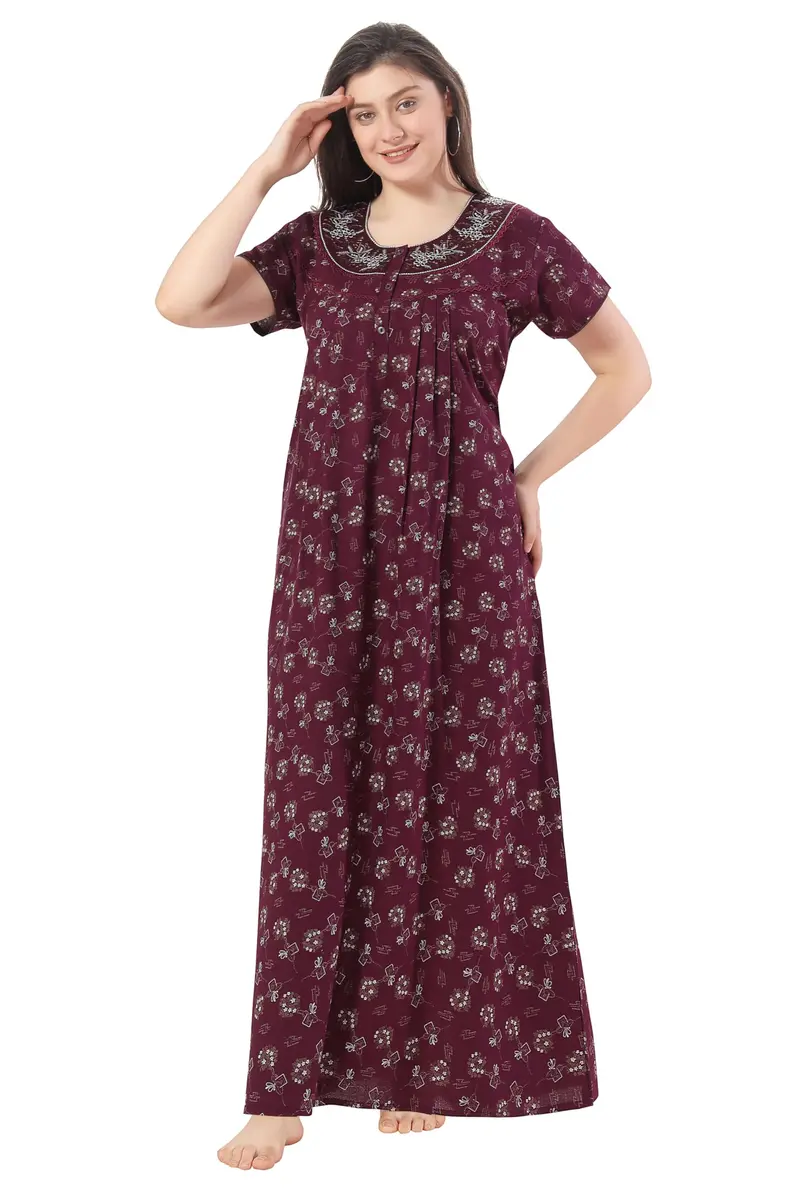 Soulemo Women's Alpine Printed Nighty XL (48 Bust) Wine | Floor Length Button-Down Sleepshirt with Lace Trim - main product image