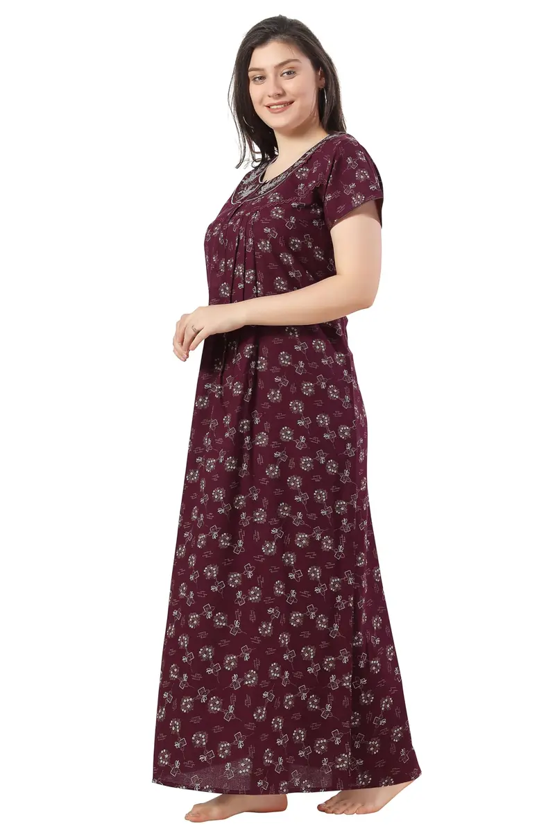 Soulemo Women's Alpine Printed Nighty XL (48 Bust) Wine | Floor Length Button-Down Sleepshirt with Lace Trim - view 6