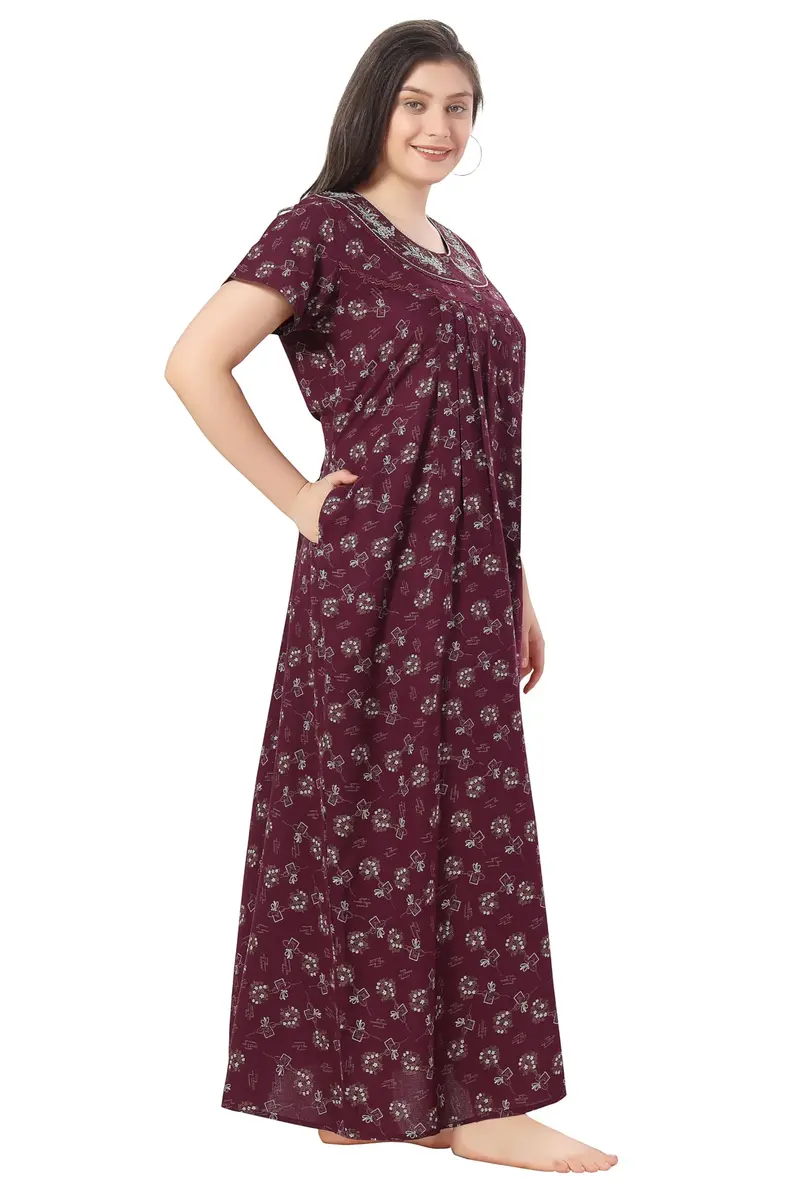 Soulemo Women's Alpine Printed Nighty XL (48 Bust) Wine | Floor Length Button-Down Sleepshirt with Lace Trim - view 7