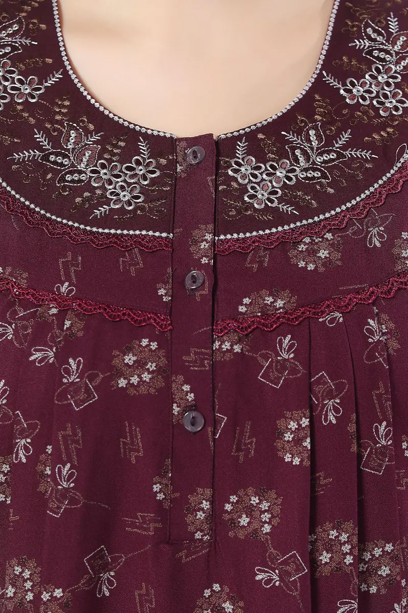 Soulemo Women's Alpine Printed Nighty XL (48 Bust) Wine | Floor Length Button-Down Sleepshirt with Lace Trim - view 8
