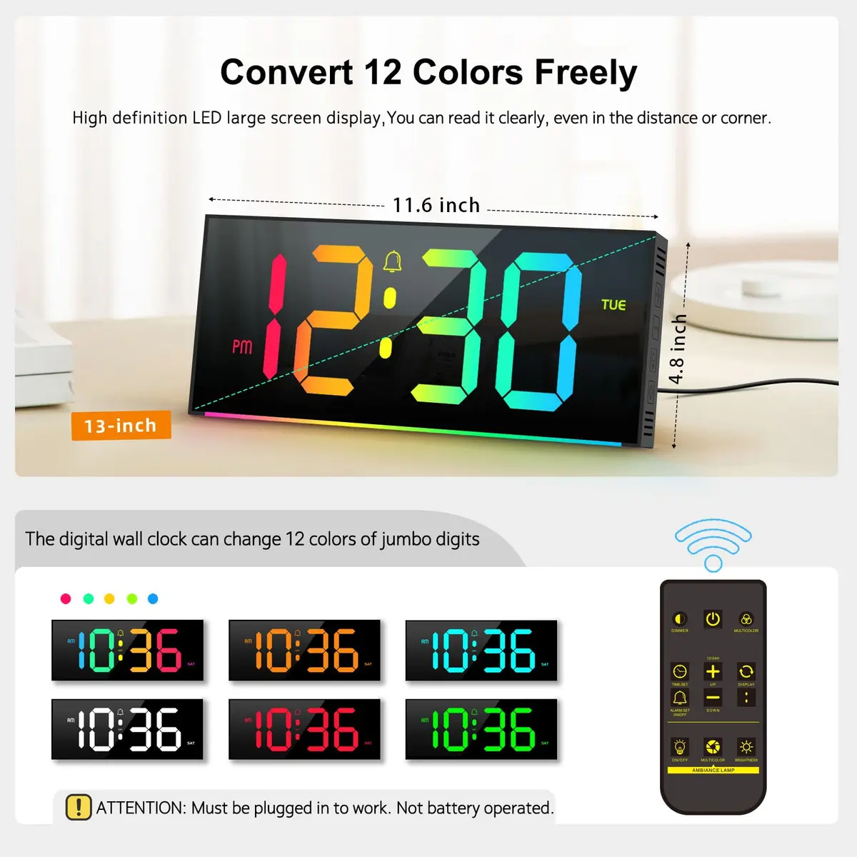 Abovsare Digital Wall Clock Large Display 13" | RGB Colors, Night Light, Remote Control (70-120 chars) - view 2