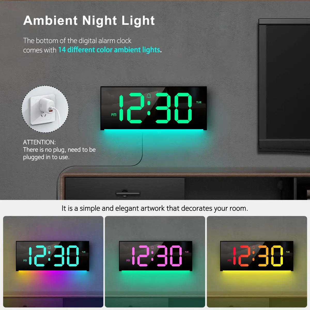 Abovsare Digital Wall Clock Large Display 13" | RGB Colors, Night Light, Remote Control (70-120 chars) - view 3