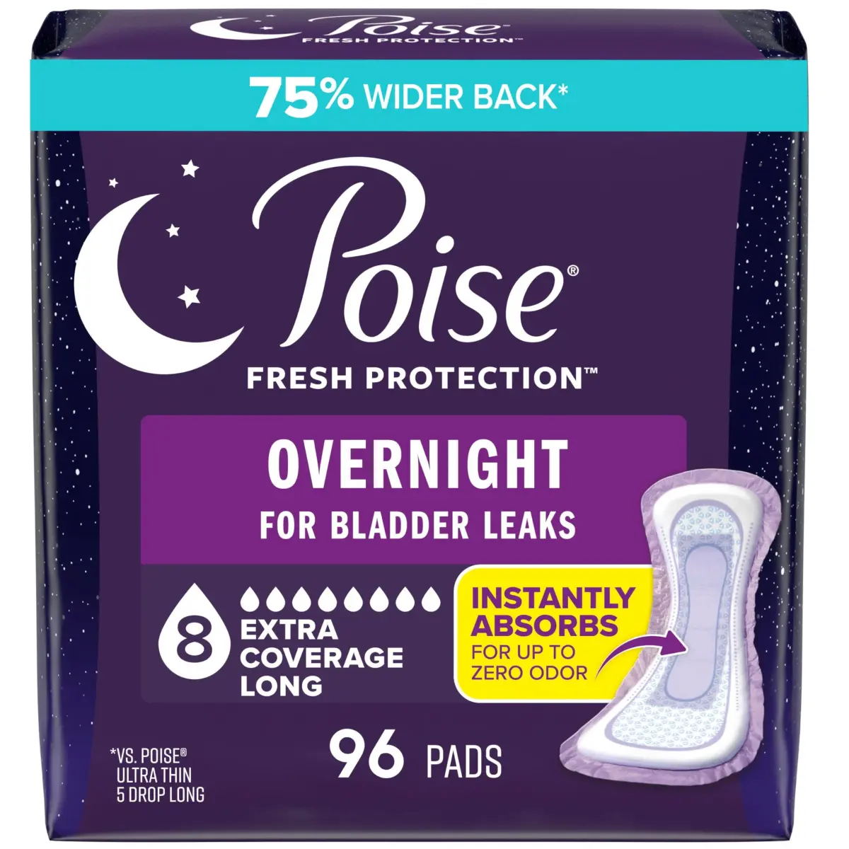 Poise Overnight Incontinence & Postpartum Pads, 8 Drop Extra Coverage, 96 Count | USA Imported, Duties Included - main product image