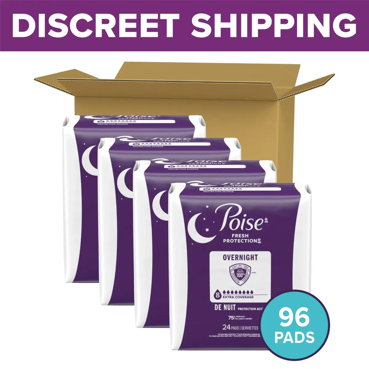 Poise Overnight Incontinence & Postpartum Pads, 8 Drop Extra Coverage, 96 Count | USA Imported, Duties Included - view 2