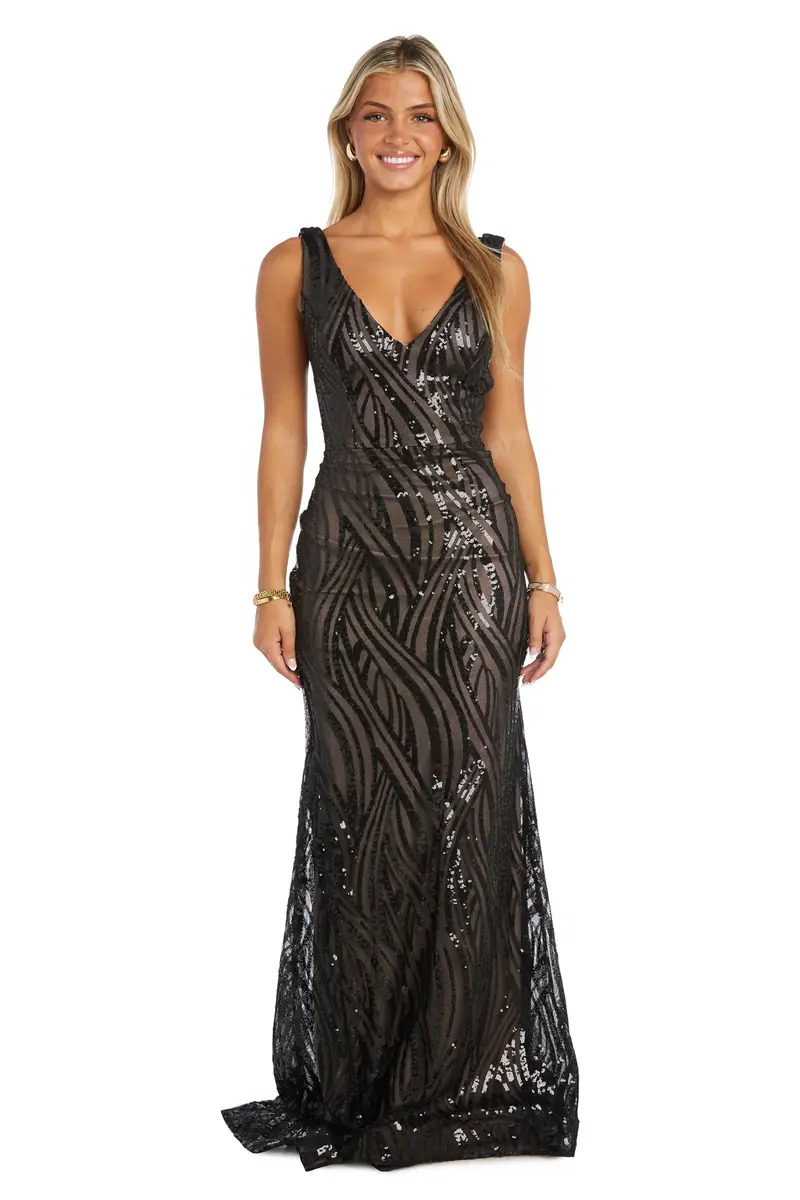 NIGHTWAY Sequin Swirl Maxi Dress W/V-Neck, Power Mesh & Open Back | Evening Party Glam - main product image