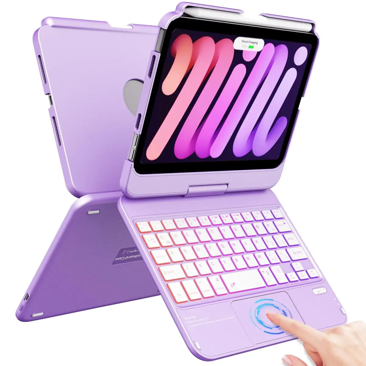 FUWANG Purple Keyboard Case for iPad mini 7/6 8.3-inch | 360° Rotating, Backlit, Trackpad - main product image