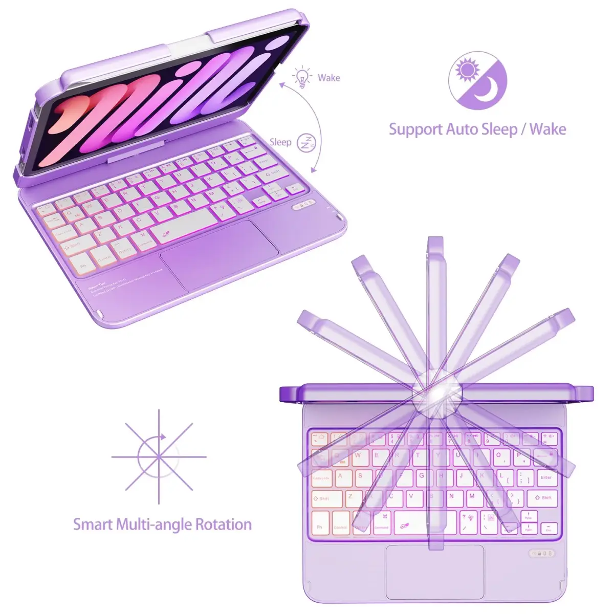 FUWANG Purple Keyboard Case for iPad mini 7/6 8.3-inch | 360° Rotating, Backlit, Trackpad - view 9