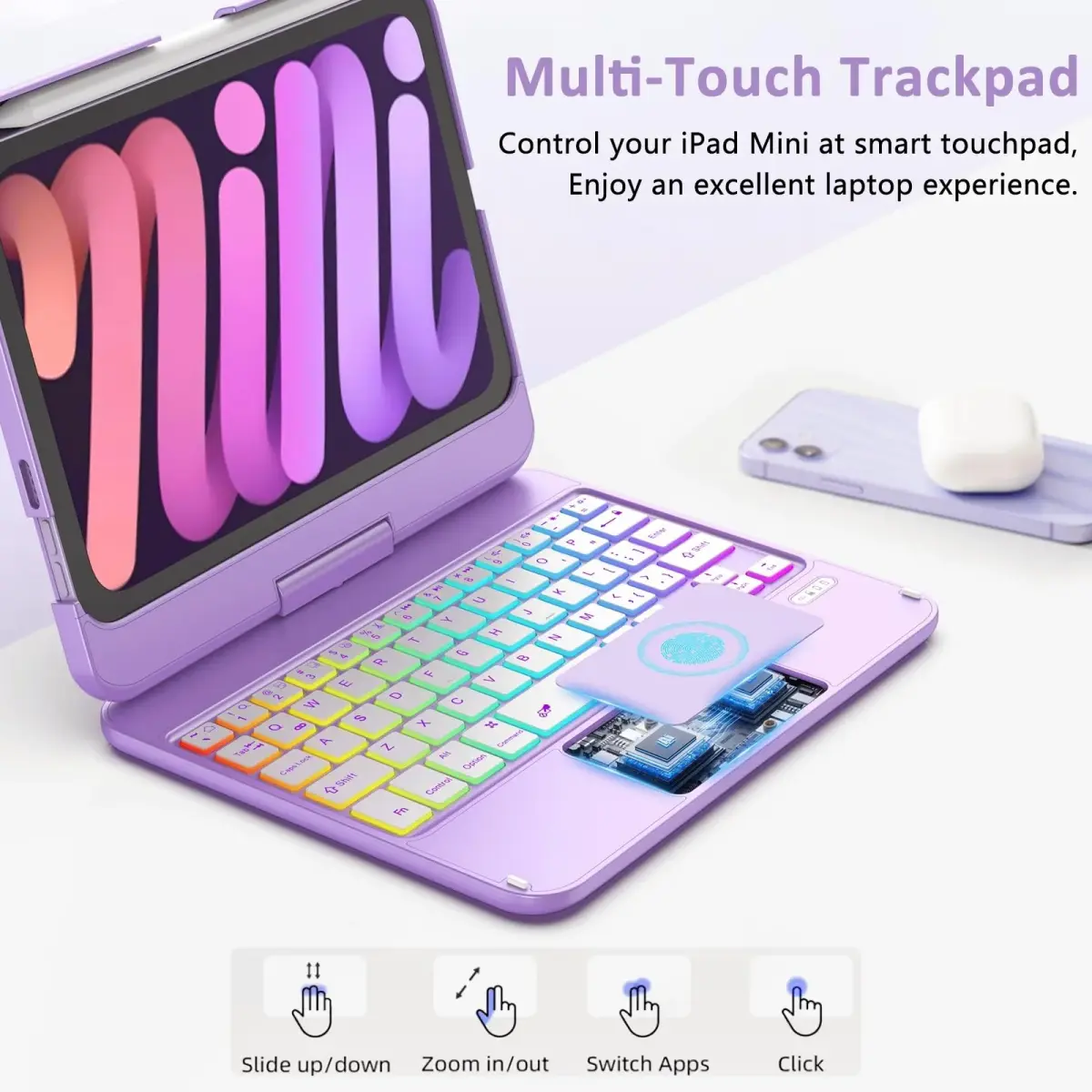 FUWANG Purple Keyboard Case for iPad mini 7/6 8.3-inch | 360° Rotating, Backlit, Trackpad - view 3
