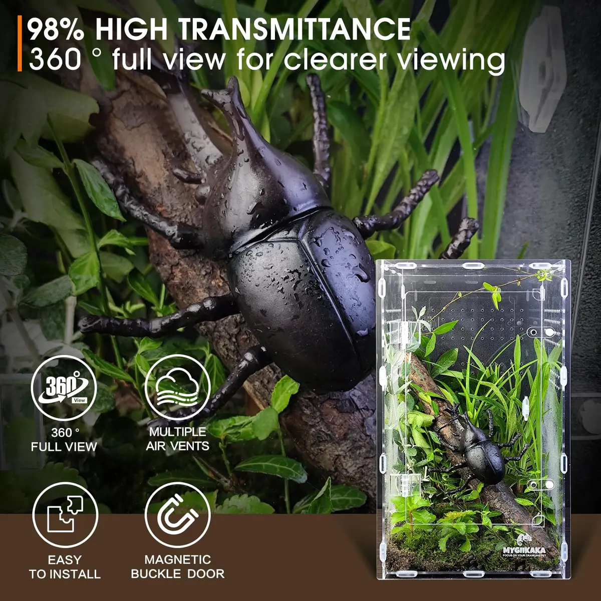 MYGIIKAKA Acrylic Jumping Spider Enclosure - Insect Terrarium for Spiders, Mantises, Tarantulas & Frogs | 37cm x 19cm x 20cm (14.6" x 7.7" x 8.1") - view 4