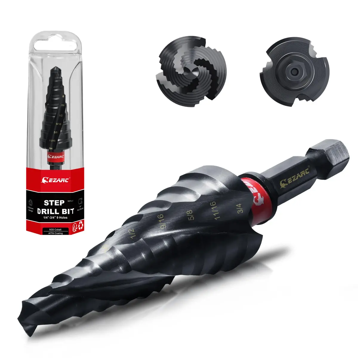 EZARC M35 Cobalt Step Drill Bit for Metal 1/4"-3/4" | 9 Step Sizes, Hex Shank, Coated with AlTiN - main product image