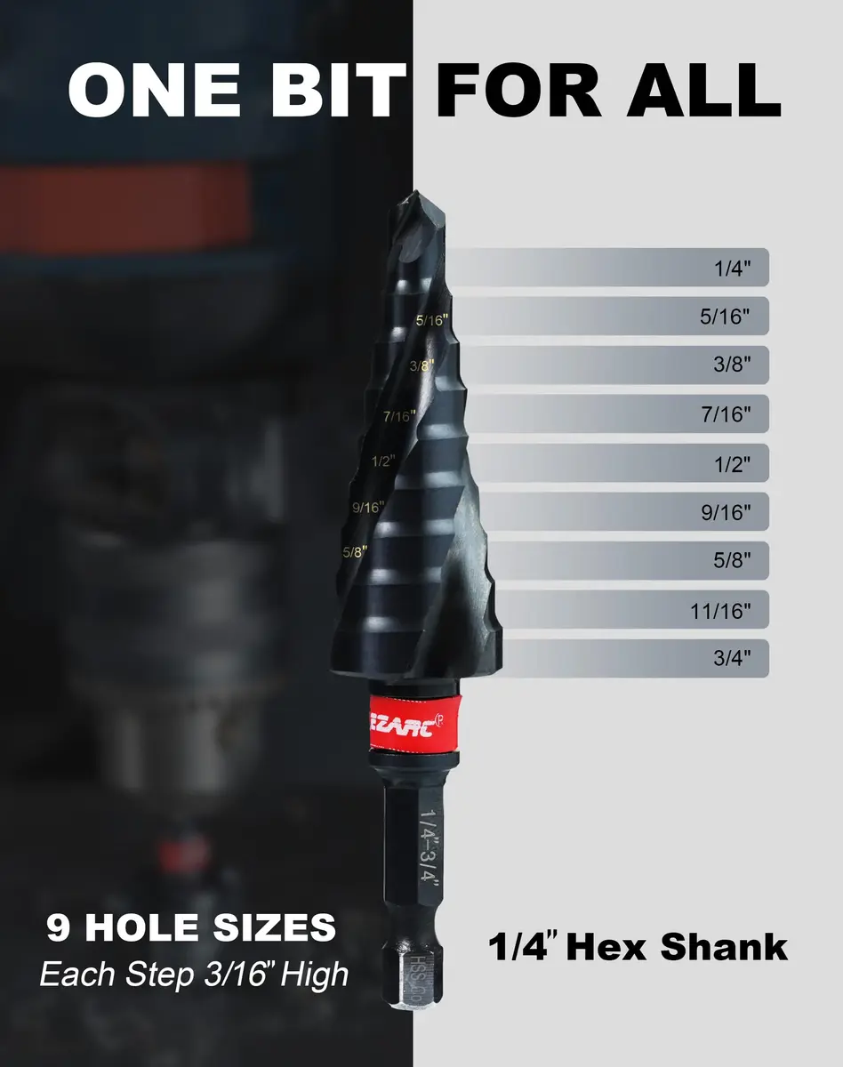 EZARC M35 Cobalt Step Drill Bit for Metal 1/4"-3/4" | 9 Step Sizes, Hex Shank, Coated with AlTiN - view 5