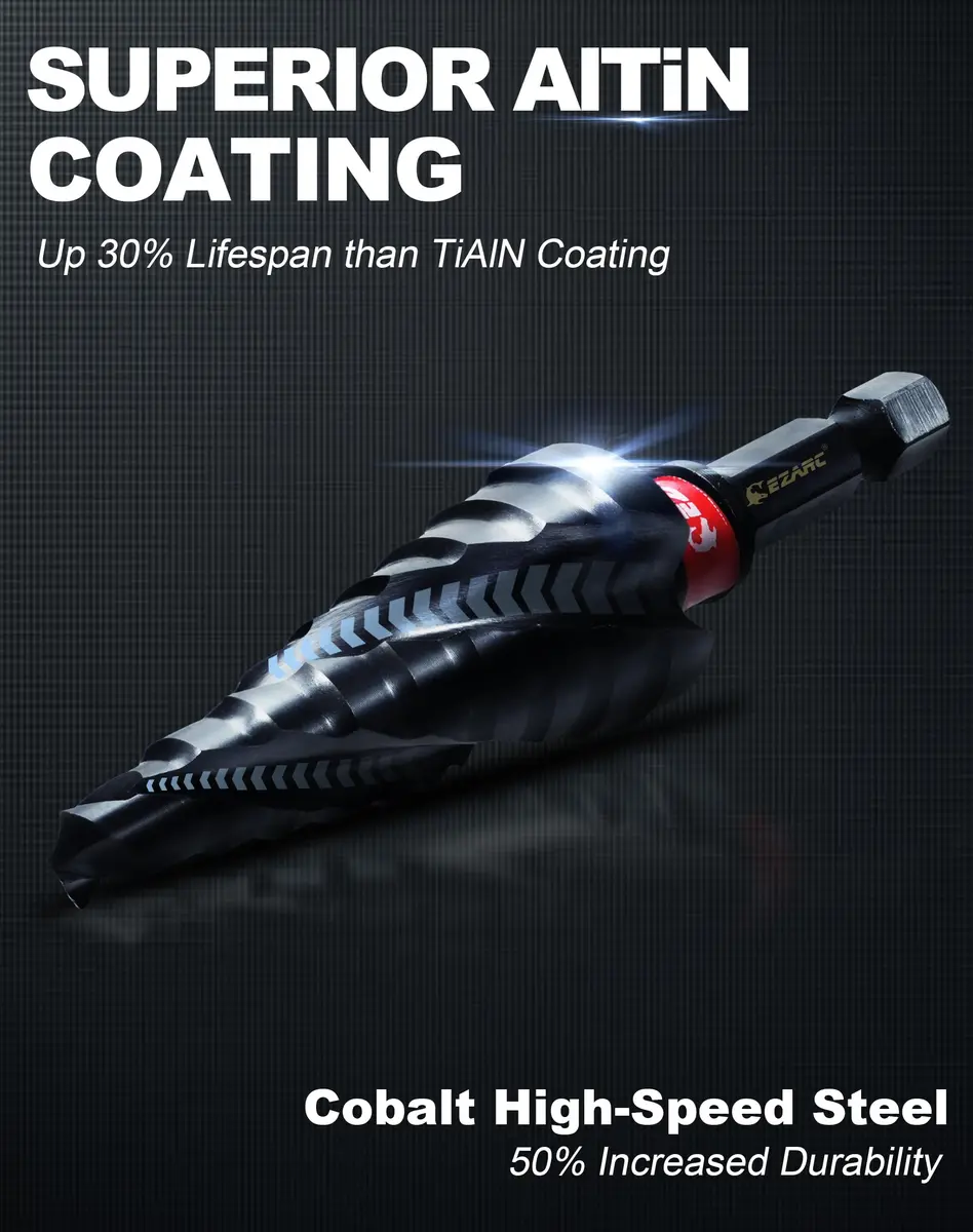 EZARC M35 Cobalt Step Drill Bit for Metal 1/4"-3/4" | 9 Step Sizes, Hex Shank, Coated with AlTiN - view 2