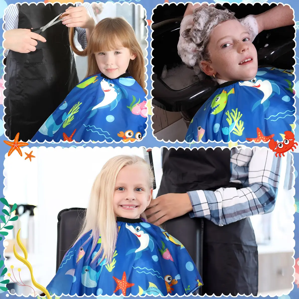 FEBSNOW 3Pcs Kids Hair Cutting Cape Professional Barber Cape for Children 139.7cm x 99.06cm | Fun Cartoon Patterns for Home & Salon Use - view 6