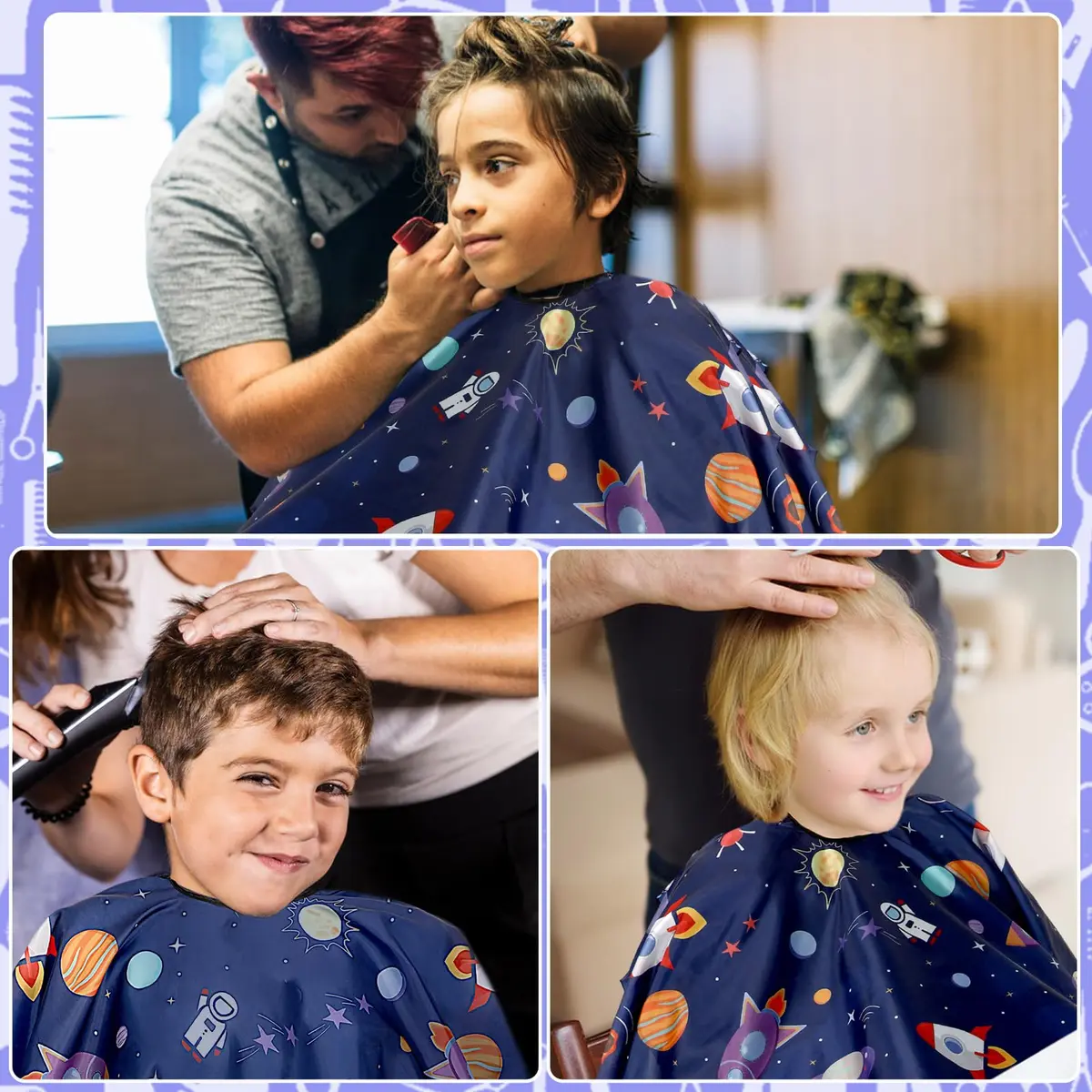 FEBSNOW 3Pcs Kids Hair Cutting Cape Professional Barber Cape for Children 139.7cm x 99.06cm | Fun Cartoon Patterns for Home & Salon Use - view 7
