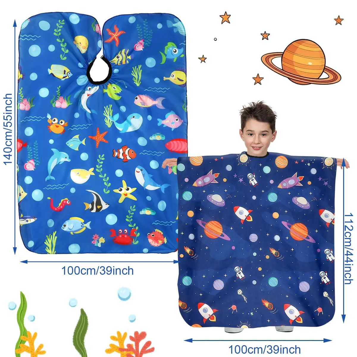 FEBSNOW 3Pcs Kids Hair Cutting Cape Professional Barber Cape for Children 139.7cm x 99.06cm | Fun Cartoon Patterns for Home & Salon Use - view 2