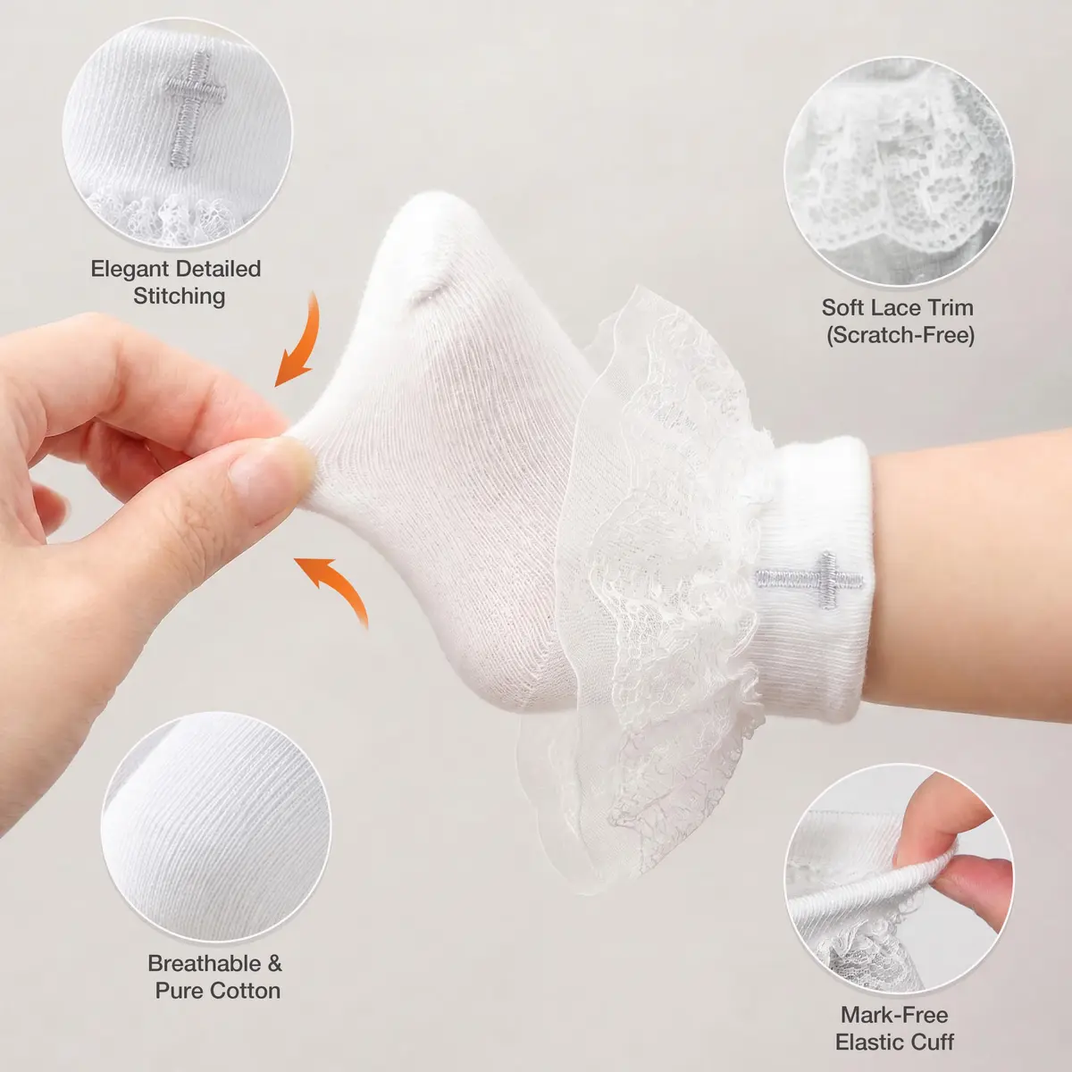 KESICI Baby Baptism Socks for Girls 0-12 Months | Cross & Lace, White, Ankle Length - view 5