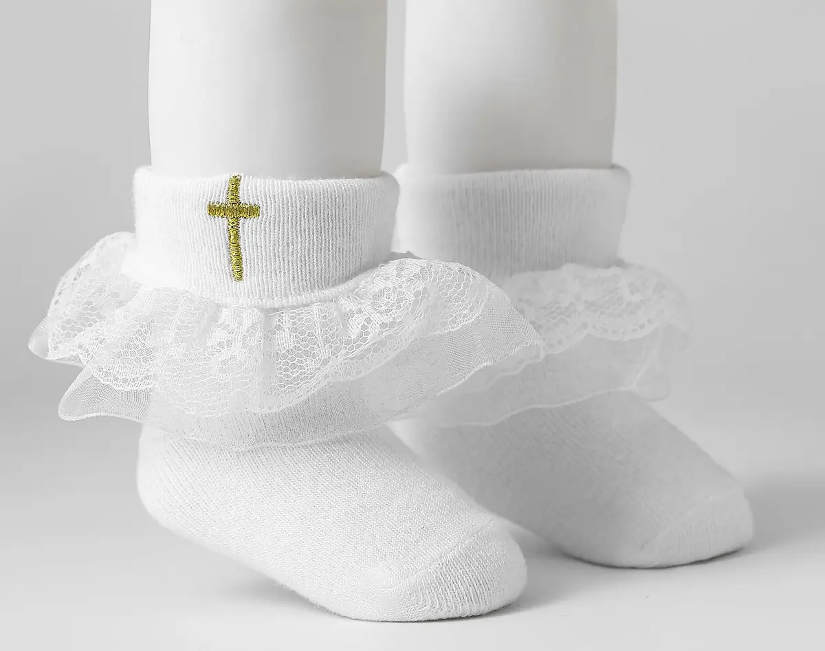 KESICI Baby Baptism Socks for Girls 0-12 Months | Cross & Lace, White, Ankle Length - view 6