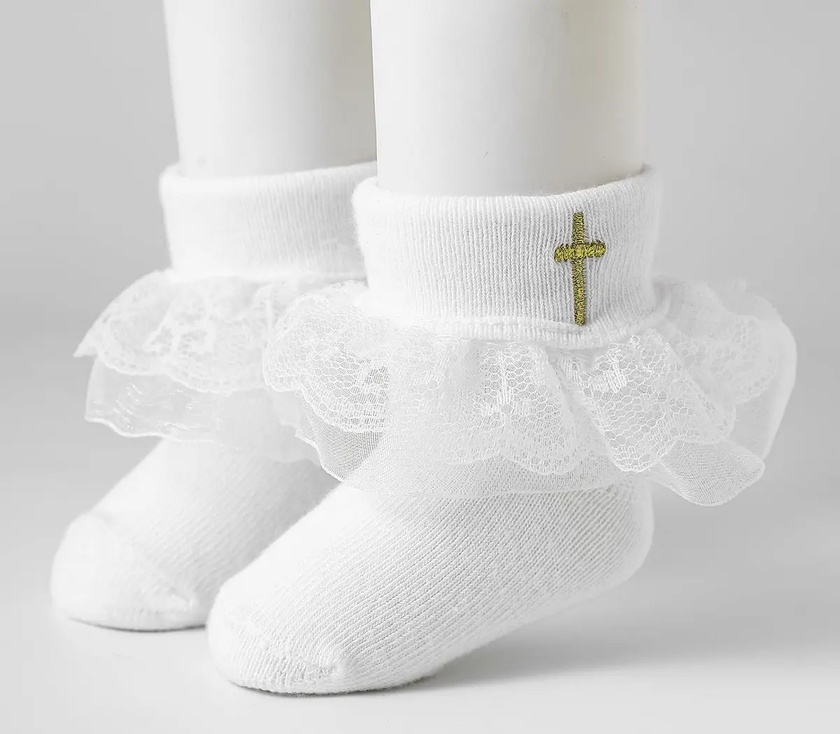 KESICI Baby Baptism Socks for Girls 0-12 Months | Cross & Lace, White, Ankle Length - view 7