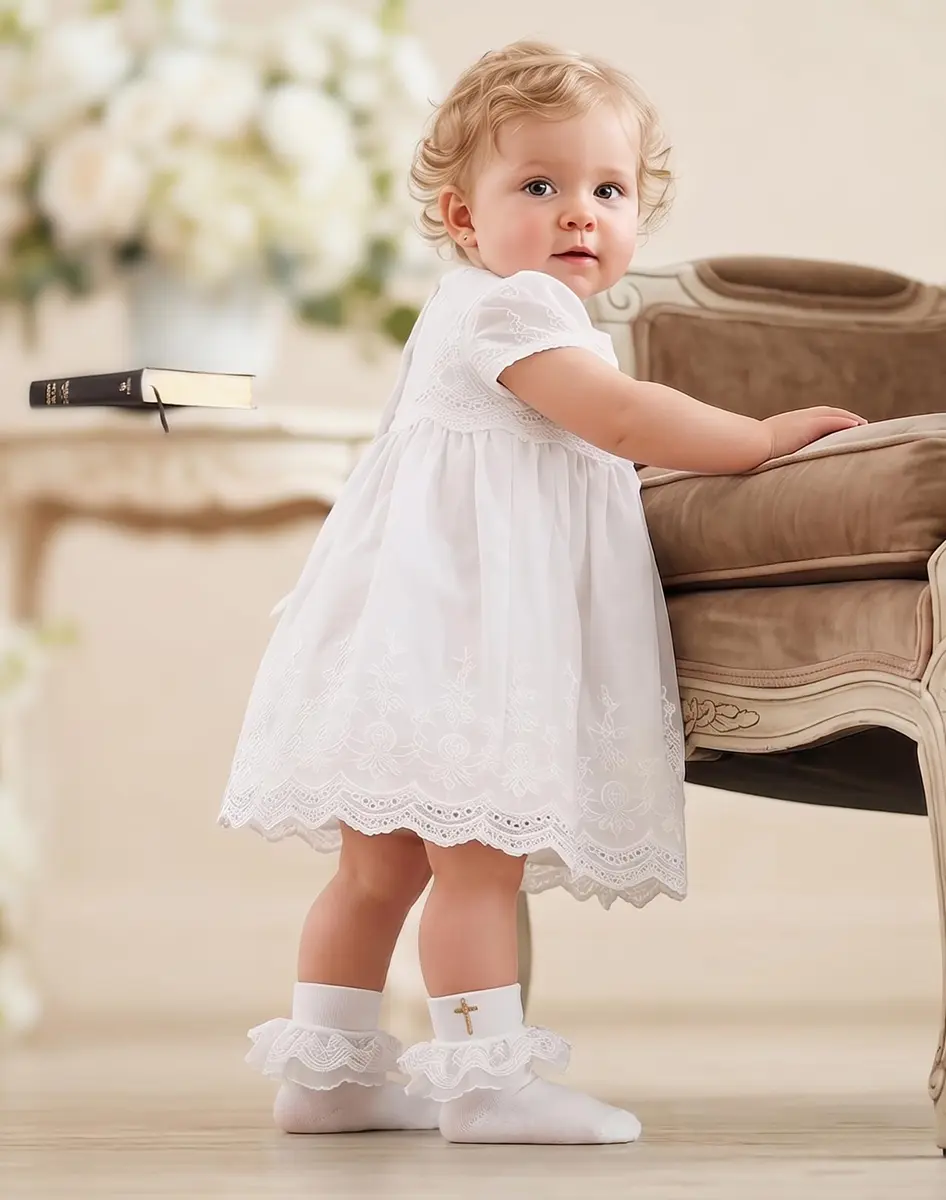 KESICI Baby Baptism Socks for Girls 0-12 Months | Cross & Lace, White, Ankle Length - view 3