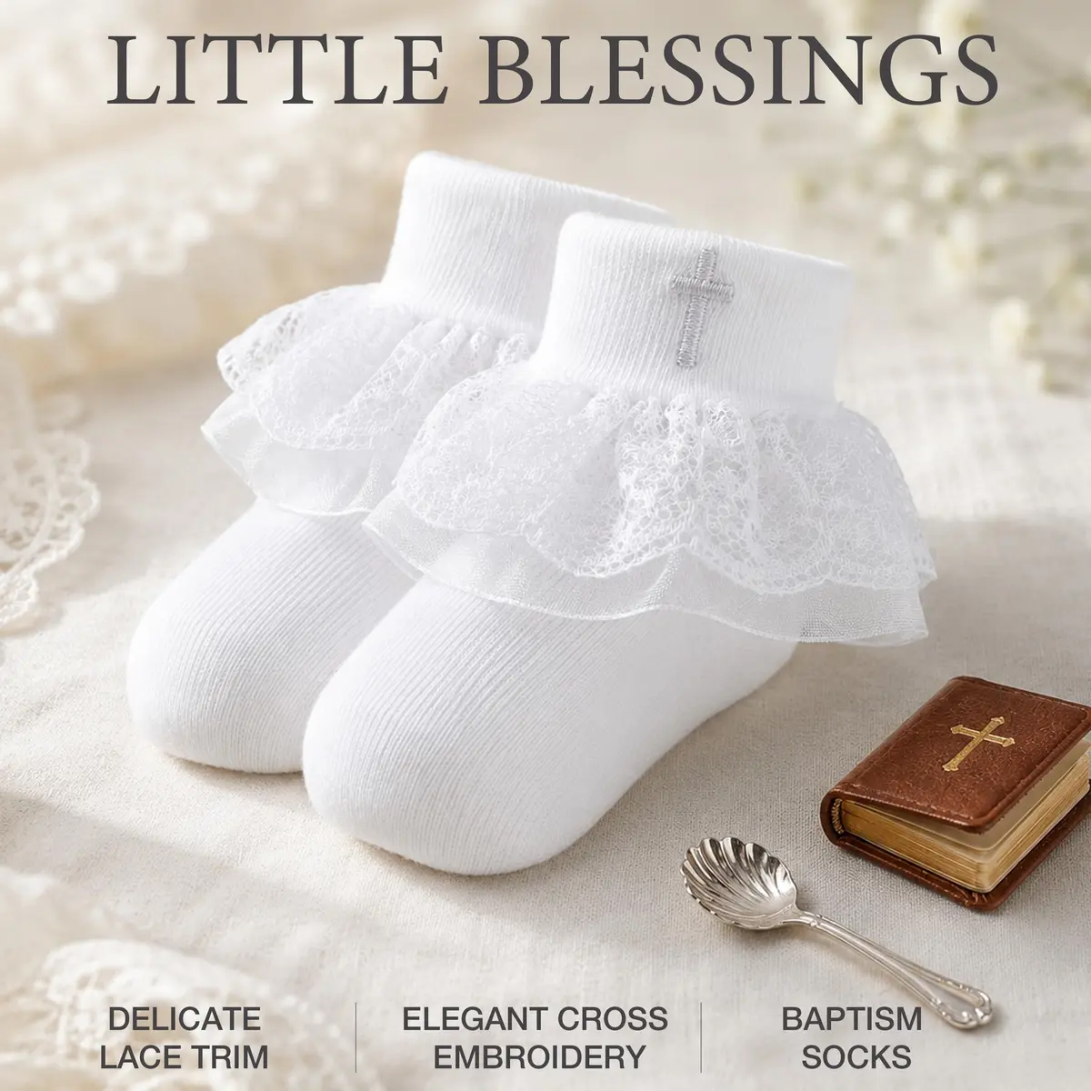KESICI Baby Baptism Socks for Girls 0-12 Months | Cross & Lace, White, Ankle Length - view 4