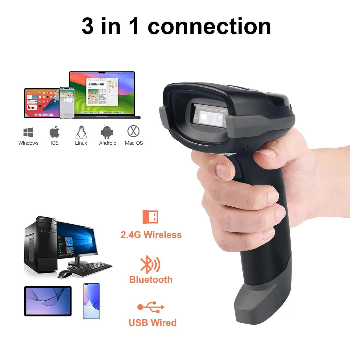Sumicor Wireless Barcode Scanner Bluetooth 2.4G 3-in-1 1D 2D QR Scanner with Stand 17.02 cm (6.7 in) - view 2