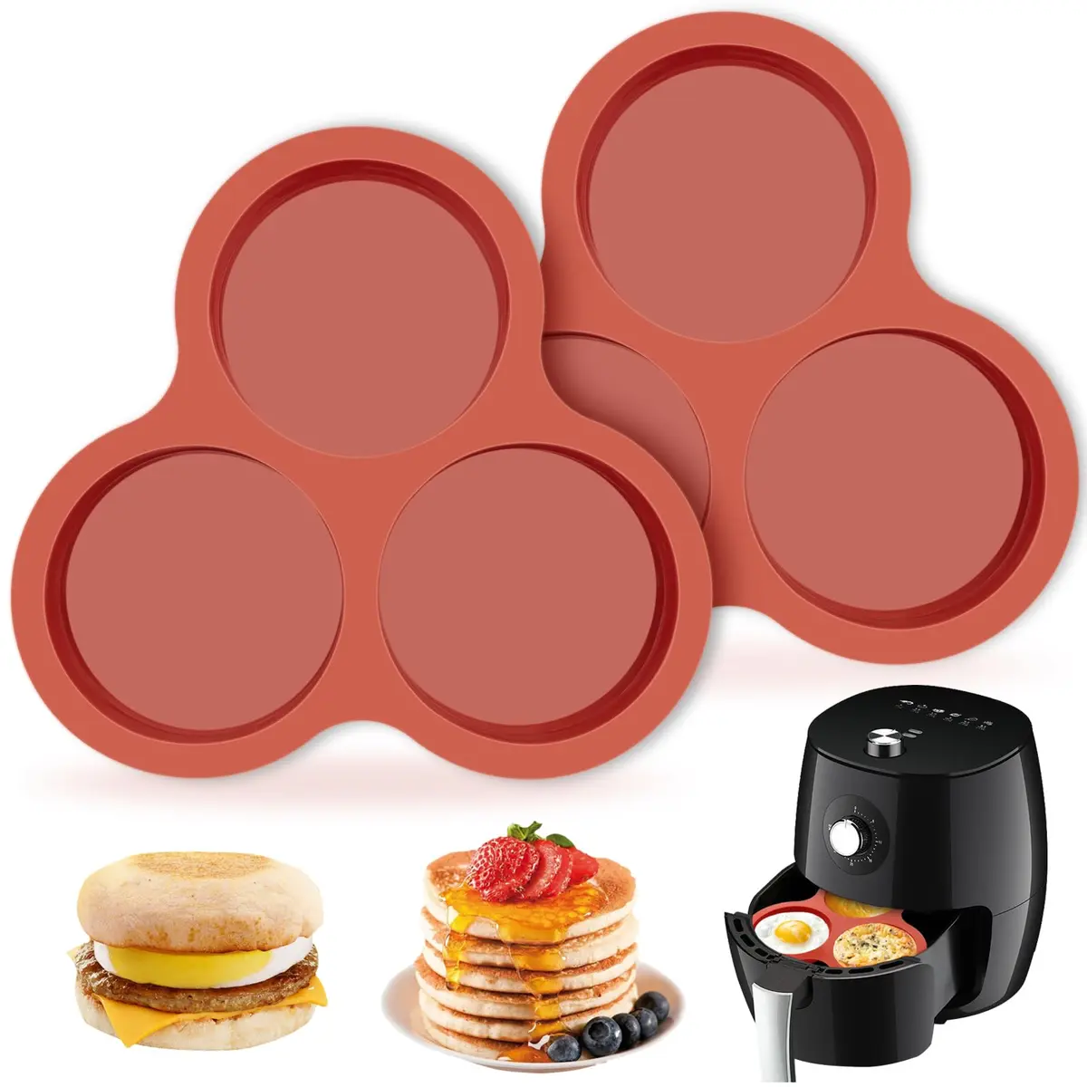 JOERSH Silicone Air Fryer Egg Mold Pan 4 Inch Jumbo 3-Cavity, 2 Pack | Non-Stick & Reusable for Breakfast Sandwiches & Hamburger Buns - main product image